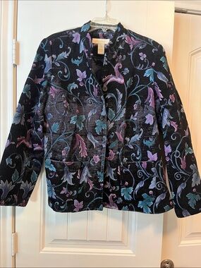 Appleseed's Black Floral Jacquard Blazer with Purple & Teal Motif